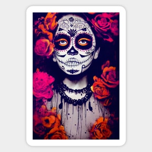 Dia de Los Muertos, Day of the Dead Catrina with pink and orange flowers Sticker